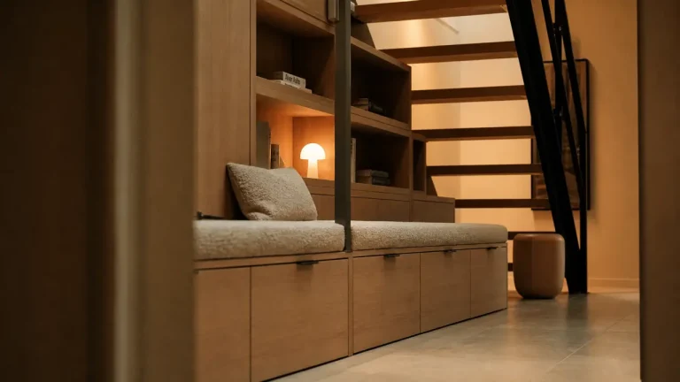 Aménagement sous escalier ouvert : rangement et coin lecture sous escalier quart tournant