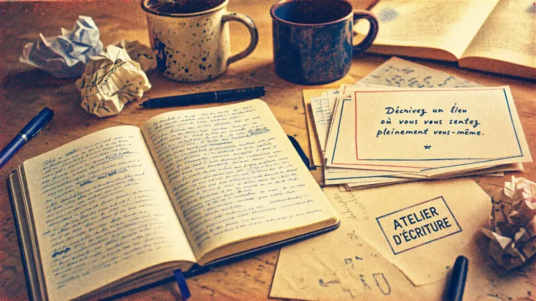 Atelier d écriture : carnet ouvert et consignes sur table