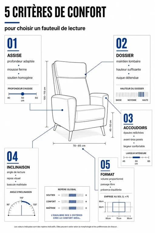 Infographie des 5 critères de confort pour choisir son fauteuil de lecture idéal