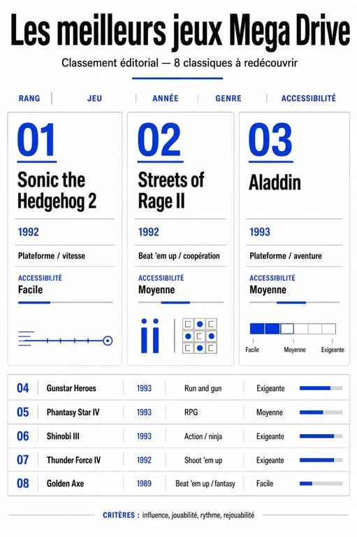 Infographie des meilleurs jeux Mega Drive avec classement comparatif des titres incontournables