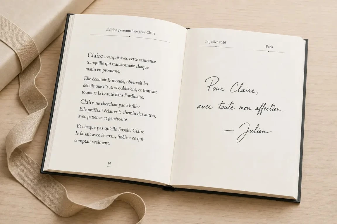 Livre personnalisé pour adulte ouvert avec prénom et dédicace visibles, présenté comme un cadeau élégant