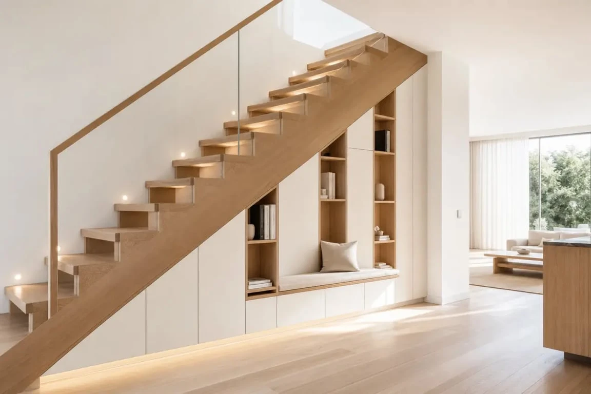 Aménagement sous escalier ouvert dans un intérieur contemporain avec rangements, niches et banquette