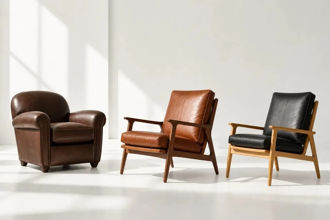 Fauteuil cuir et bois dans un salon, comparaison visuelle des styles club, vintage et scandinave