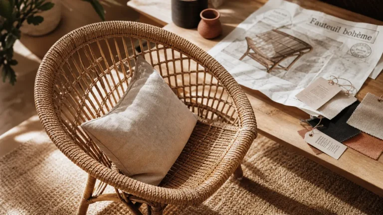 Fauteuil boheme en rotin suspendu à bascule, beige et coussin lin