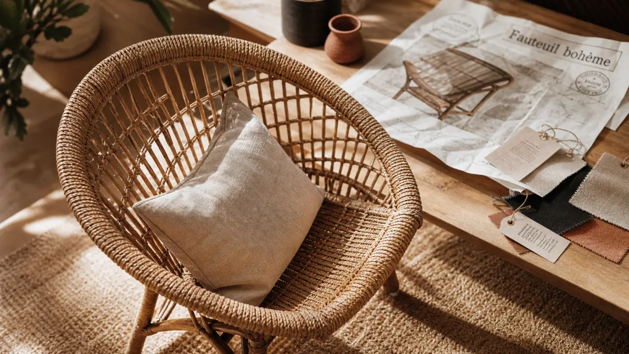 Fauteuil boheme en rotin suspendu à bascule, beige et coussin lin
