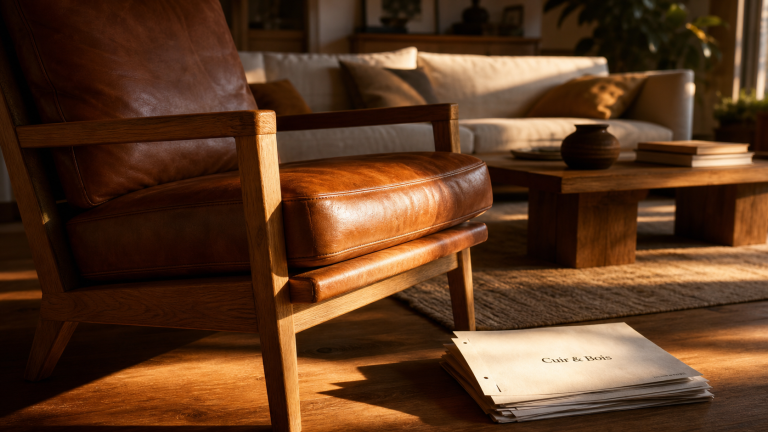 Fauteuil cuir et bois en cognac, lumière dorée, salon lumineux