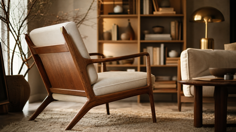 Fauteuil vintage scandinave en teck, coussin crème, intérieur cosy
