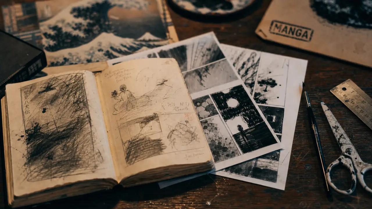 Origine des manga : carnet de croquis et pages de cases manga
