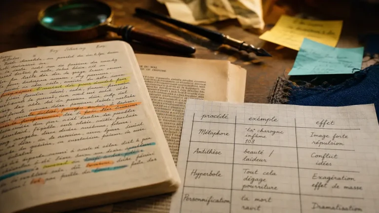 Procédé littéraire : tableau procédé/effet sur table avec cahier et surligneurs