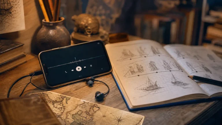 Quelle histoire podcast : table audio avec téléphone et casque