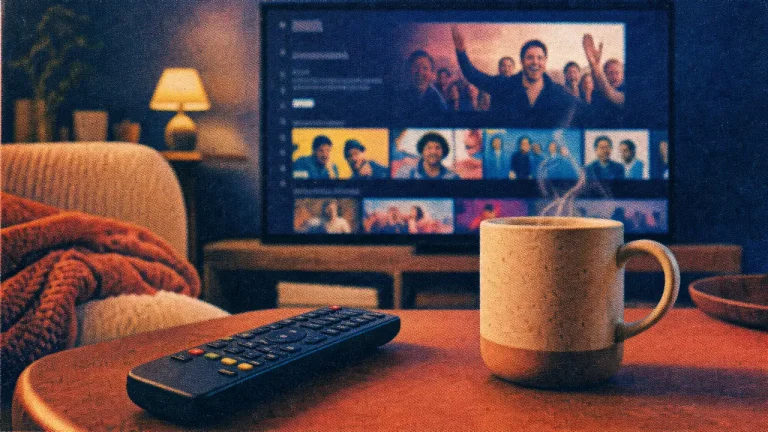 Series netflix drole : télécommande, mug fumant et interface Netflix comédie