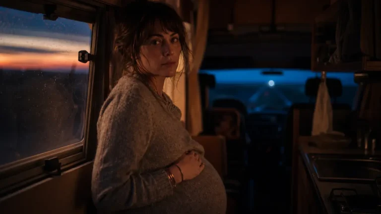Joanne enceinte d’Émile, main sur ventre, camping-car, bleu du ciel