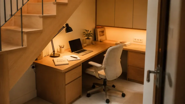 Aménagement bureau sous escalier : bureau 50-60 cm, lumière et rangements intégrés