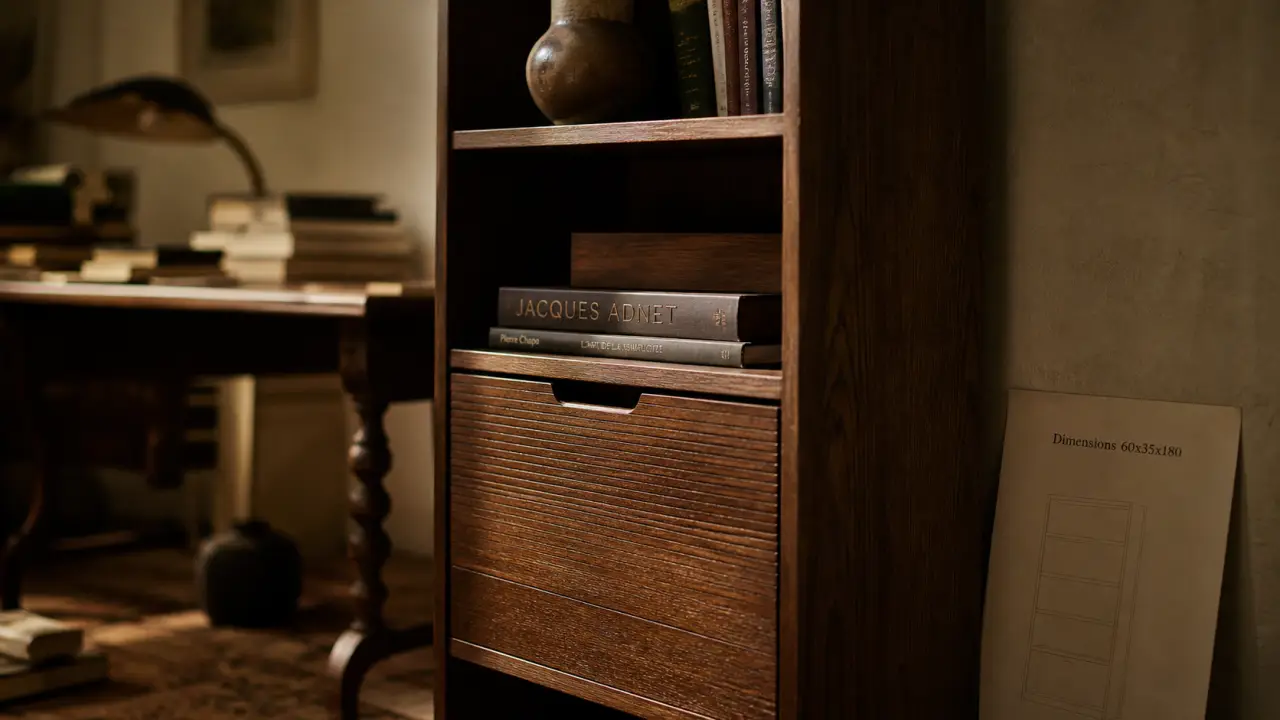 Bibliothèque maison du monde d’occasion en bois foncé, 60 x 35 x 180 cm : 4 étagères et tiroir