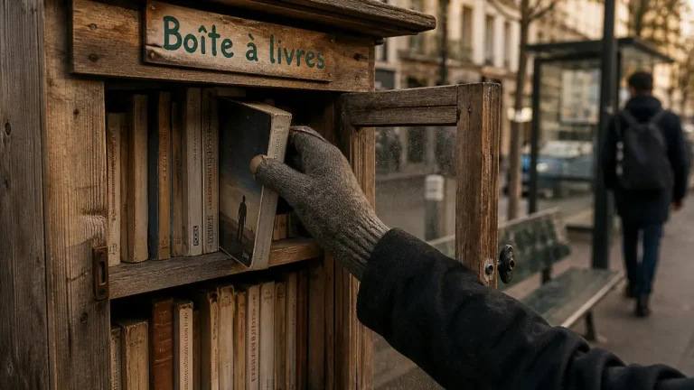 Boite à livres gratuite 24/7 : main remet un roman dans la boîte
