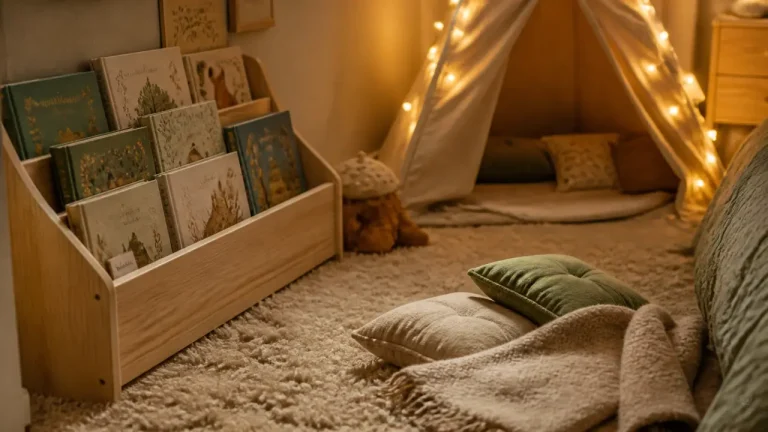 Coin lecture enfant cocooning avec tapis et bibliothèque basse