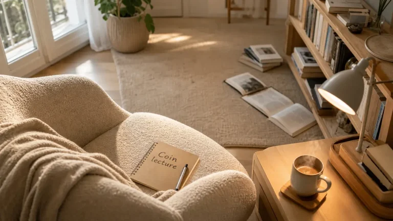 Coin lecture IKEA cosy dans un salon partagé, fauteuil et bibliothèque.