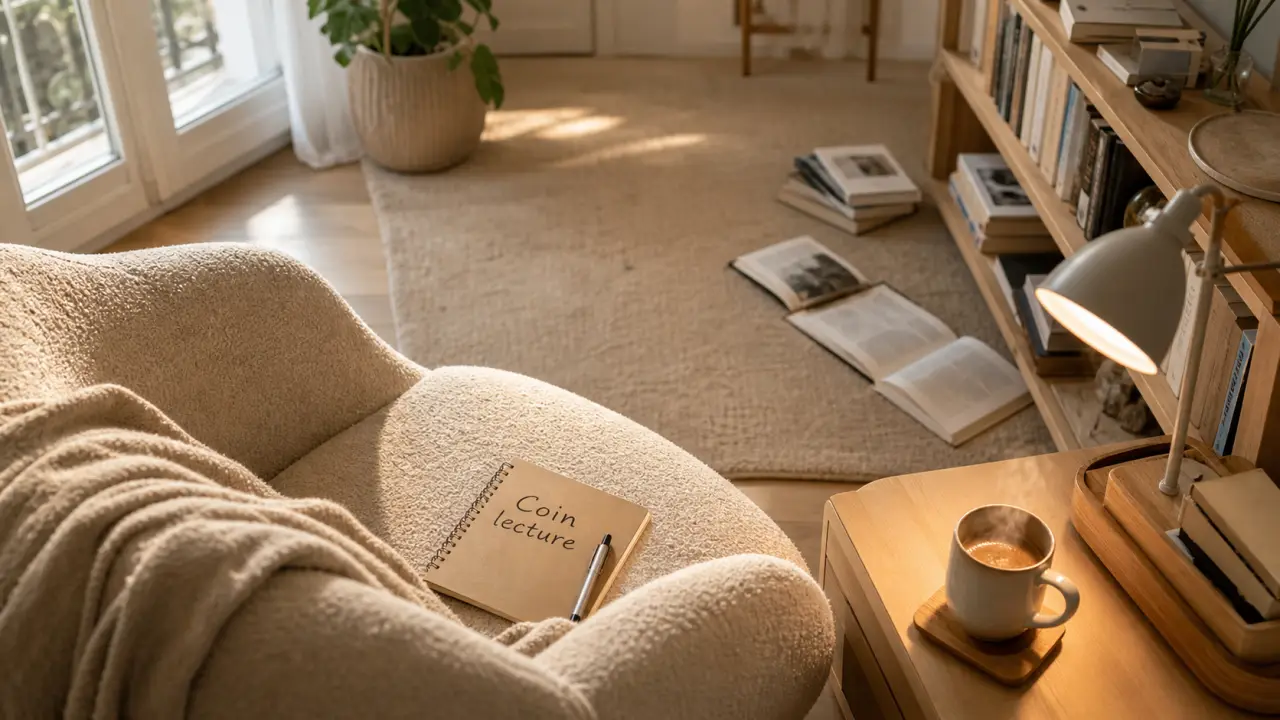 Coin lecture IKEA cosy dans un salon partagé, fauteuil et bibliothèque.