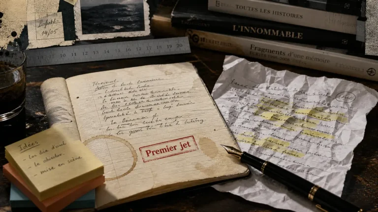 Écrire un livre : premier jet imparfait, plan souple, carnet et post-it