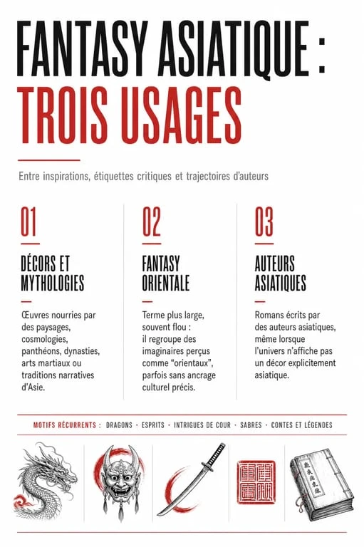 Infographie fantasy asiatique roman : différences entre inspiration asiatique, fantasy orientale et auteurs asiatiques