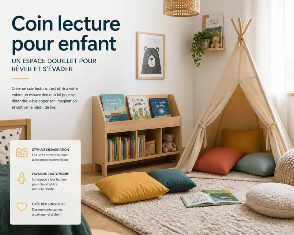 Aménagement d'un coin lecture enfant cosy dans une chambre avec bibliothèque basse et tipi
