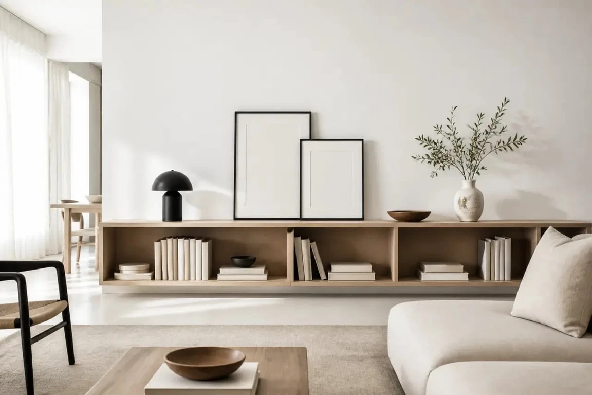 Bibliothèque basse dans un salon lumineux avec livres et objets déco