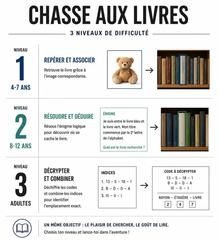 Infographie des niveaux de difficulté pour organiser une chasse aux livres