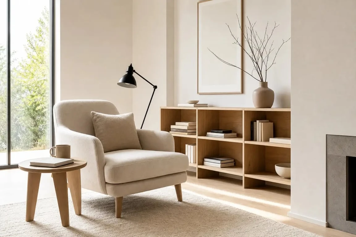 Coin lecture IKEA dans un salon lumineux avec fauteuil, bibliothèque basse et lampe orientable
