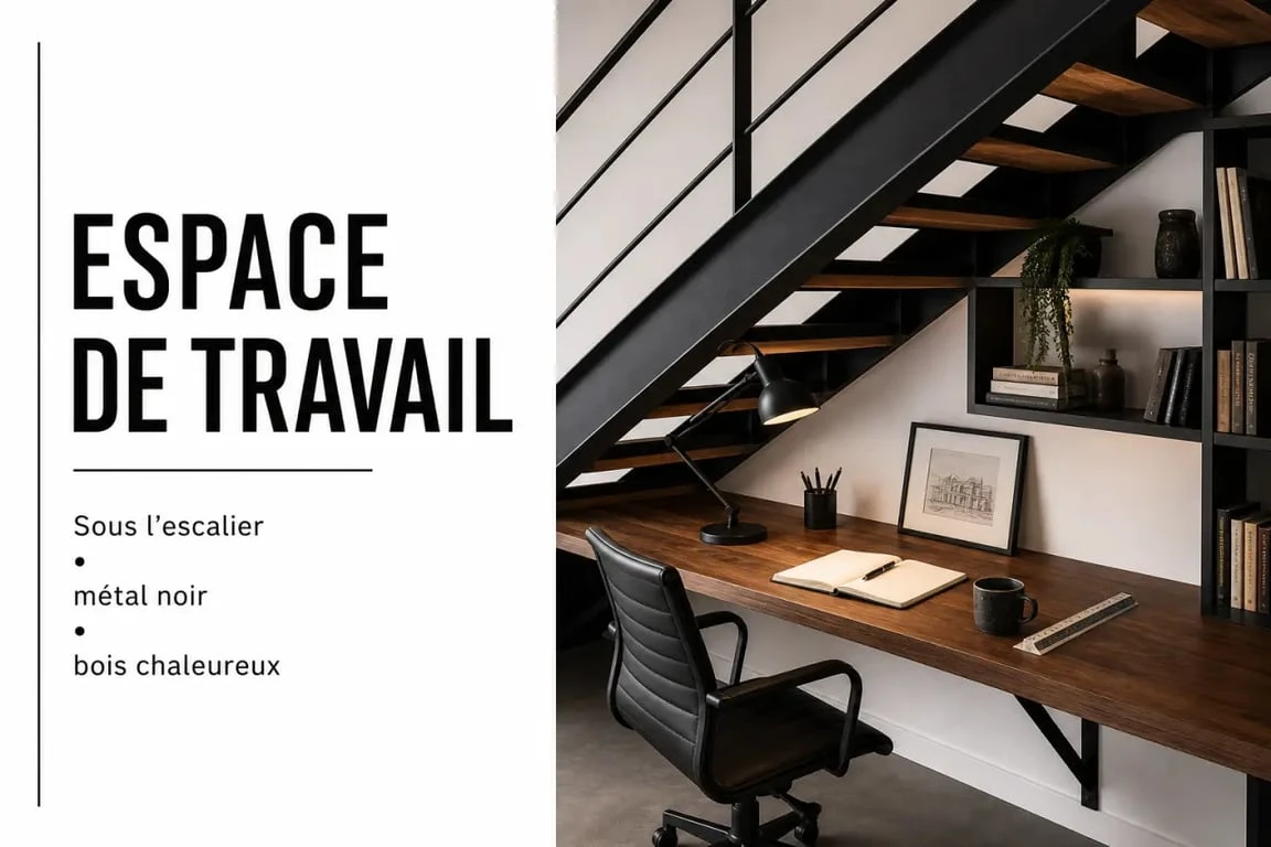 Bureau style industriel sous un escalier avec rangements intégrés