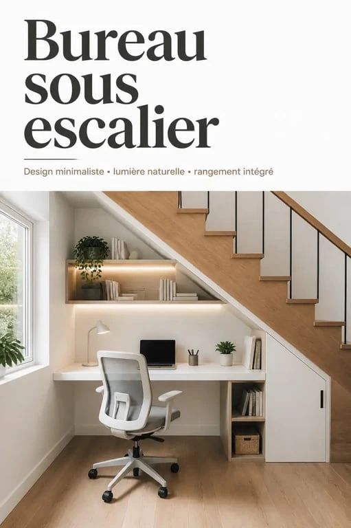 Bureau minimaliste aménagé sous un escalier en bois pour optimiser l'espace
