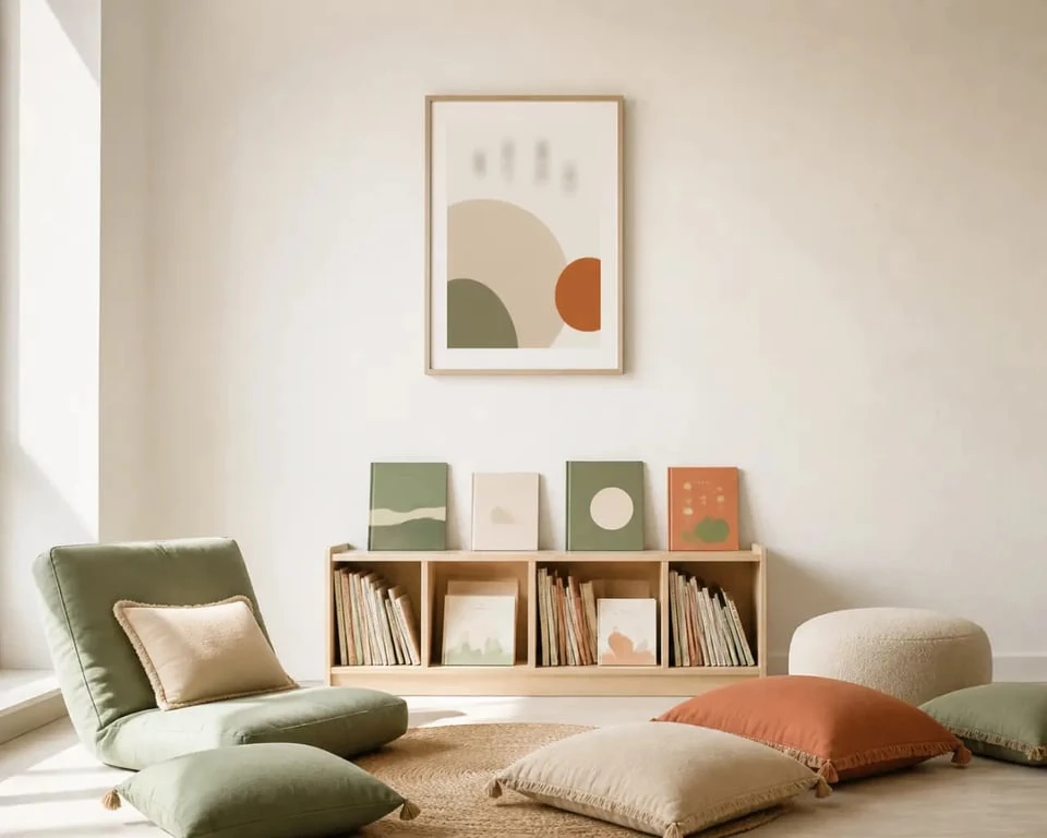 Affiche coin lecture dans un coin lecture pour enfants aménagé avec étagère et coussins
