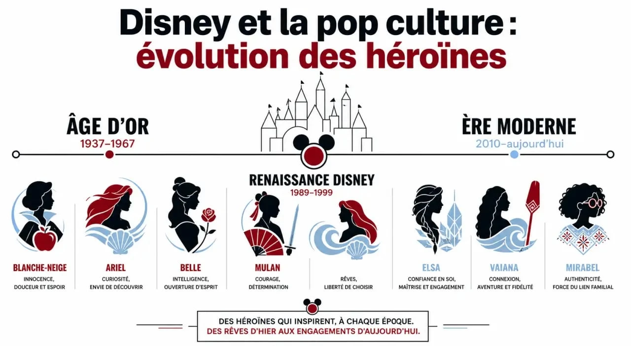 Disney pop culture : infographie chronologique sur l’évolution des personnages et des grandes périodes Disney