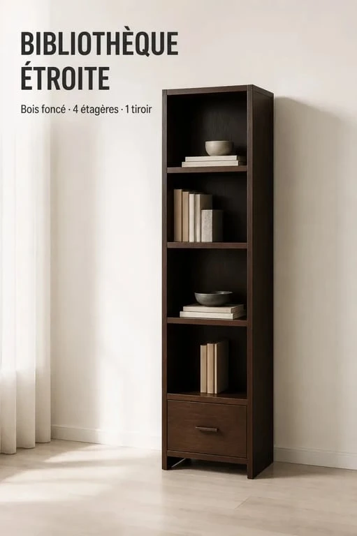 Bibliothèque maison du monde en bois foncé avec 4 étagères et 1 tiroir, mise en scène dans un intérieur sobre
