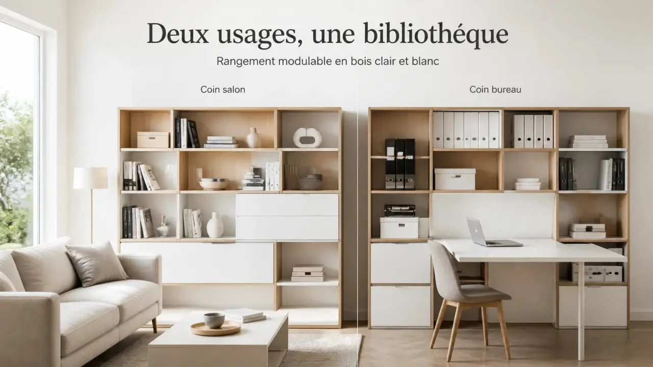 Bibliothèque Conforama intégrée dans un salon et un coin bureau