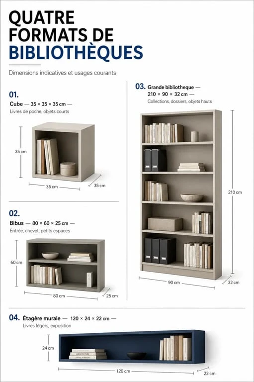 Bibliothèque Conforama comparée en quatre formats avec dimensions et usages