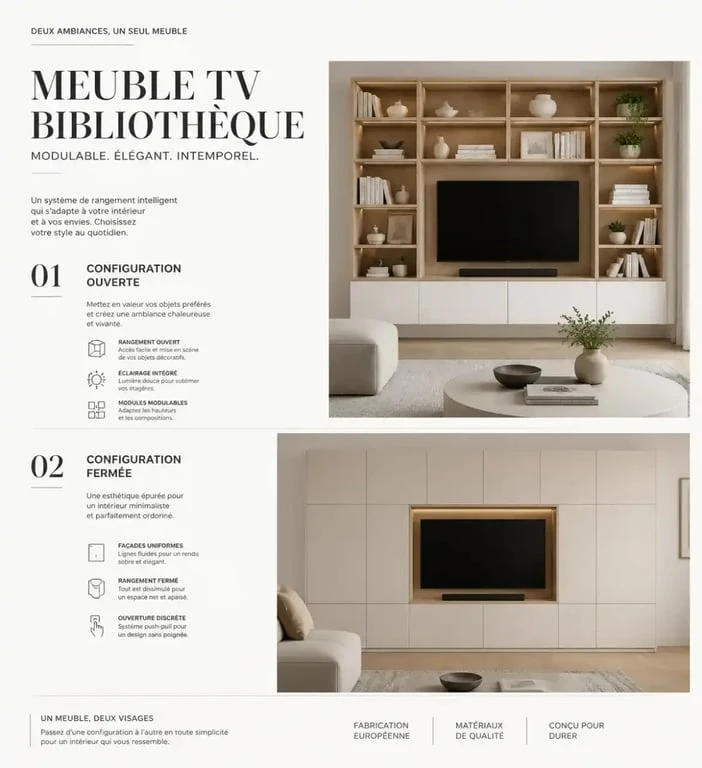 Comparaison entre un meuble TV bibliothèque ouvert et fermé pour le salon