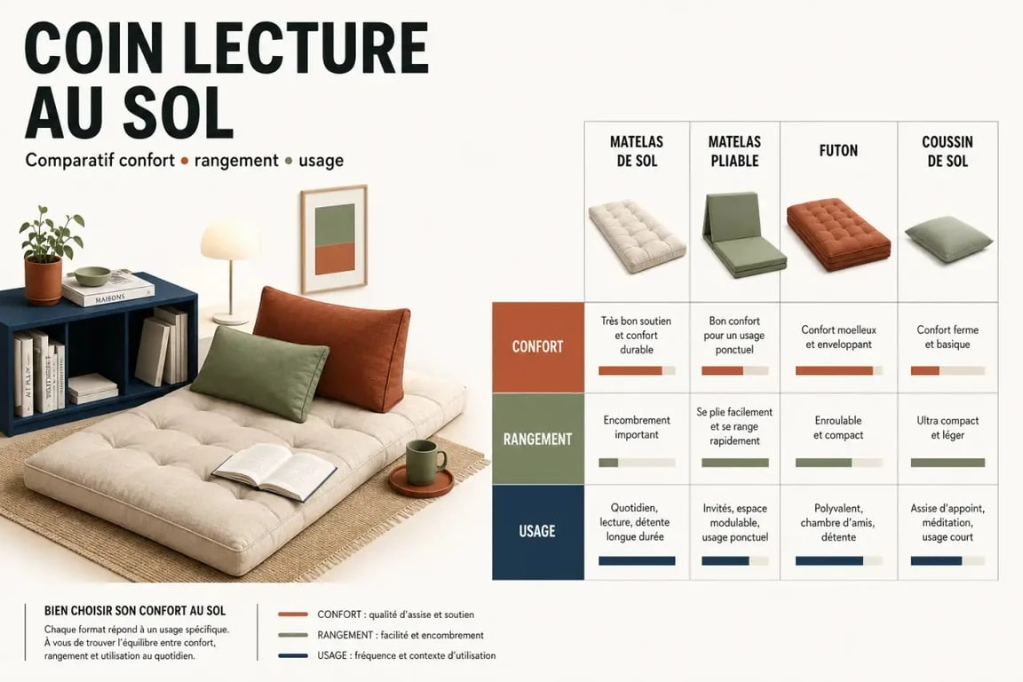 Matelas de sol coin lecture dans un espace cosy avec comparaison visuelle des formats