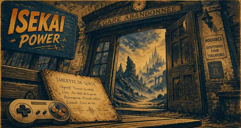 isekai jeux vidéo : manette et quête devant une gare fantasy brumeuse