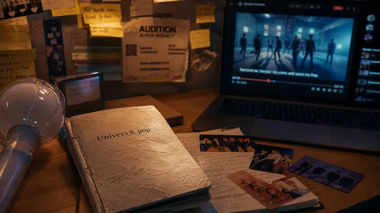 K pop culture : photocards, lightstick et écran YouTube sur un bureau