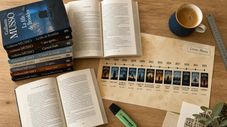 Livres de Guillaume Musso : 20 romans en pile, café et surligneur