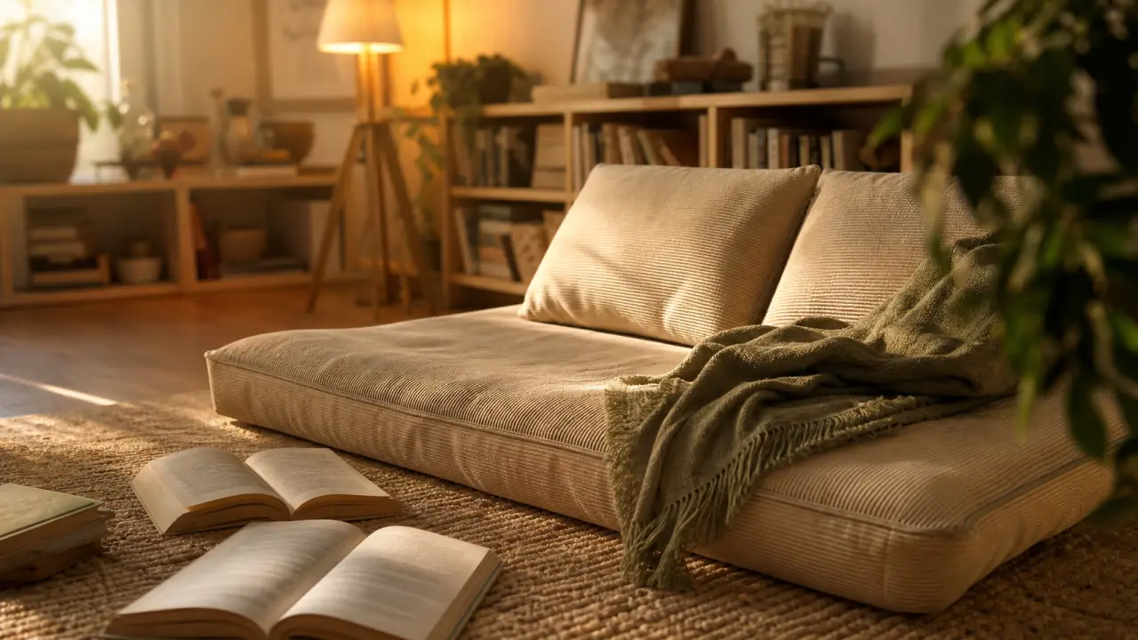 Matelas de sol coin lecture épais beige en tissu côtelé, cosy pour lire