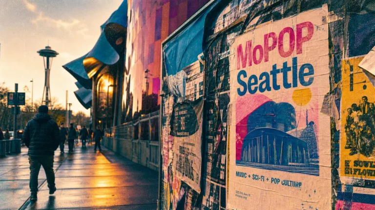 Museum of pop culture Seattle, façade MoPOP et Space Needle floue