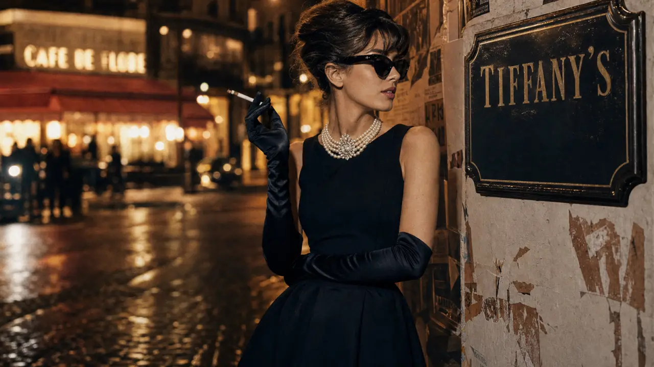 Pop culture dress to impress : robe noire avec perles et gants à Paris, soirée