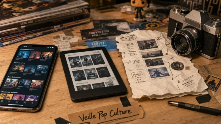 Webzine pop culture geek tendance sur bureau : smartphone, liseuse, carnet et photos de films