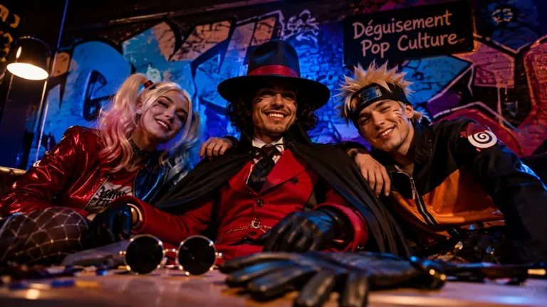Déguisement pop culture : amis déguisés avec cape noire et accessoires signature
