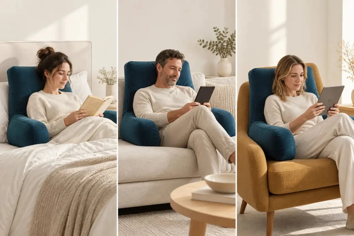 Coussins lecture utilisés au lit, sur un canapé et dans un fauteuil