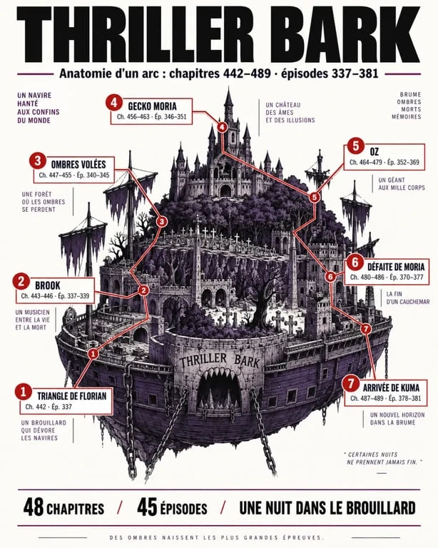 Infographie de l’arc Thriller Bark avec Moria, Brook, Oz et les principaux événements
