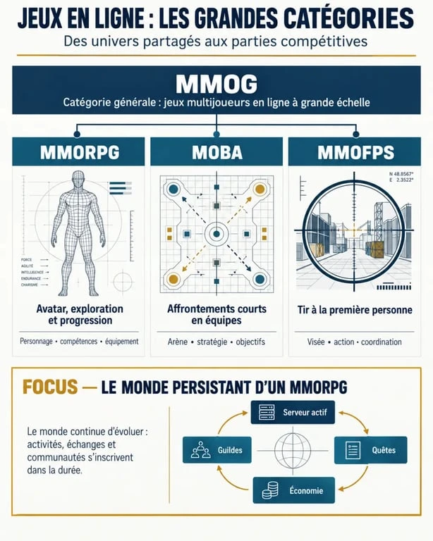 Infographie pédagogique sur le jeu de rôle en ligne massivement multijoueur et les différences entre MMOG, MMORPG, MOBA et MMOFPS