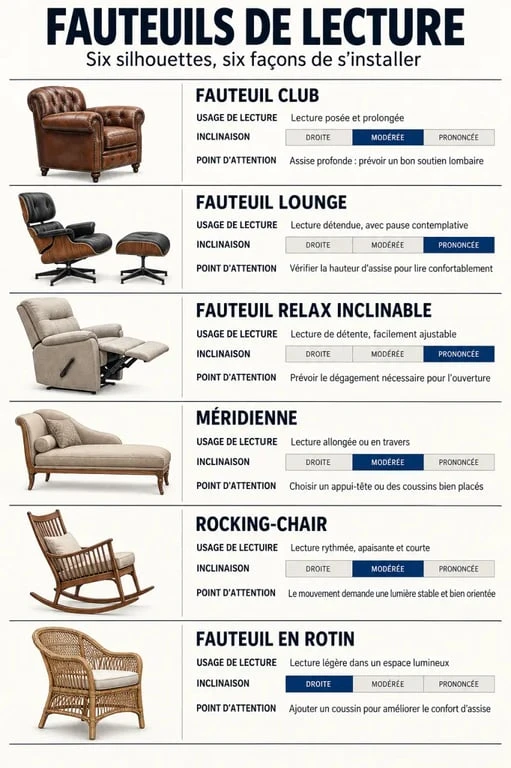 Infographie comparative des types de fauteuil de lecture et de leurs usages