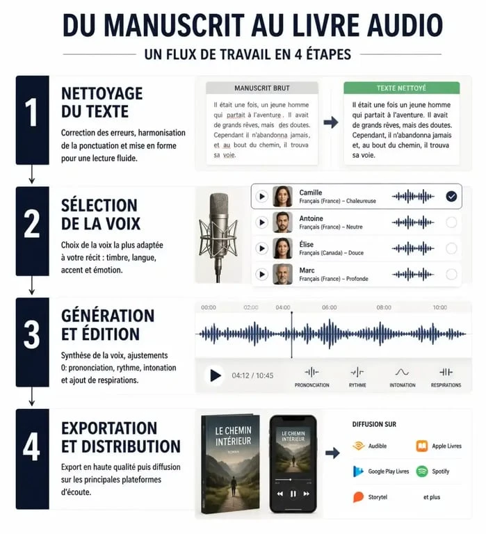 Infographie des étapes pour transformer un livre en audio avec l'IA